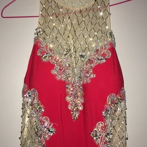 Long red prom dress beautiful open back slit down the side, has a train